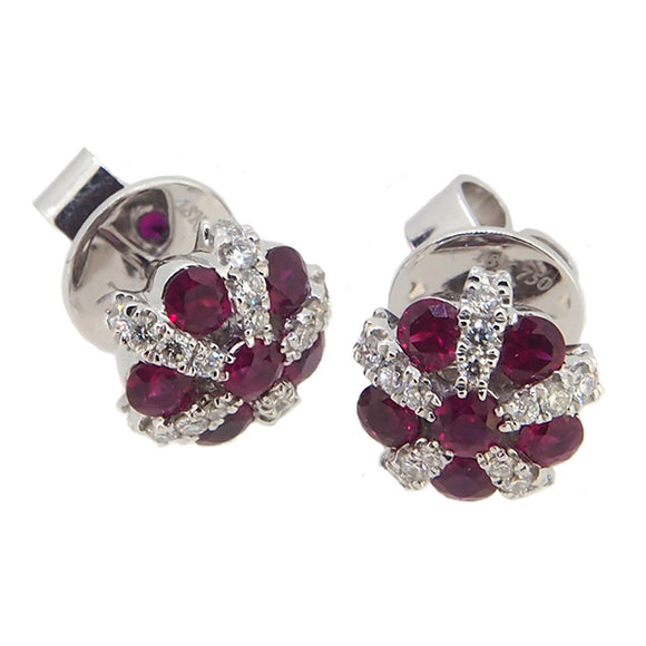  A pair of modern, 18ct white gold, ruby & diamond set, domed, cluster stud earrings