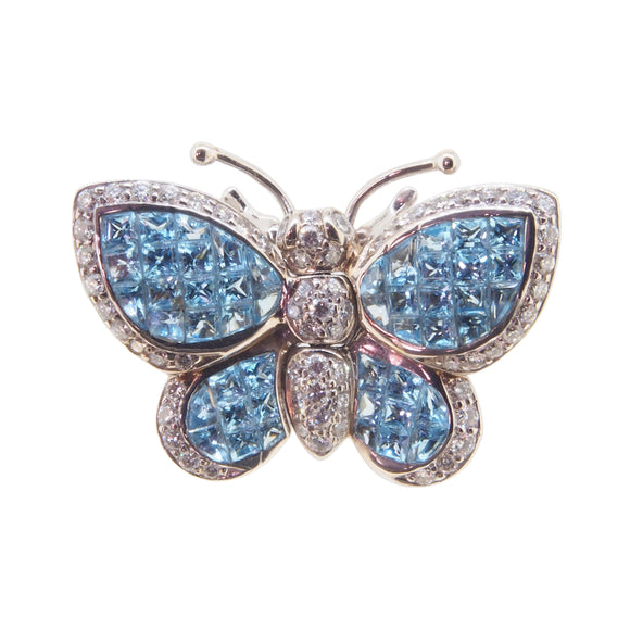  A modern, 18ct white gold, blue topaz & diamond set butterfly brooch