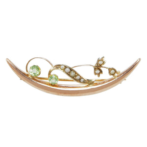 Peridot & Seed Pearl Set, Floral Crescent Brooch
