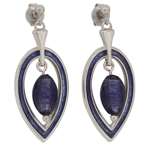A pair of modern, silver, purple enamel set, abstract drop earrings.