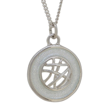A modern, silver & white enamel, abstract pendant & chain.
