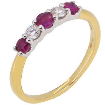 A modern, 18ct yellow gold, ruby & diamond set five stone ring