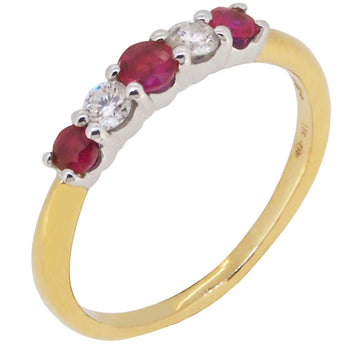 A modern, 18ct yellow gold, ruby & diamond set five stone ring