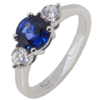 A modern, 18ct white gold, sapphire & diamond set, three stone ring.