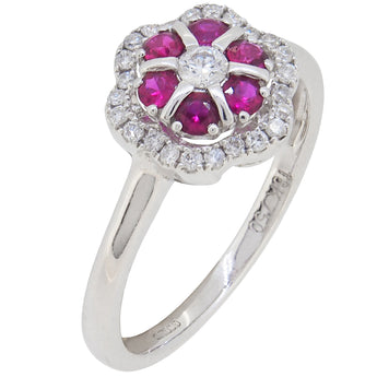 A modern, 18ct white gold, ruby & diamond set cluster ring.