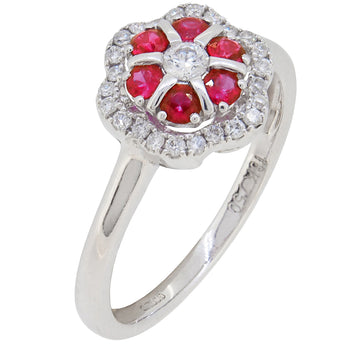 A modern, 18ct white gold, ruby & diamond set cluster ring.