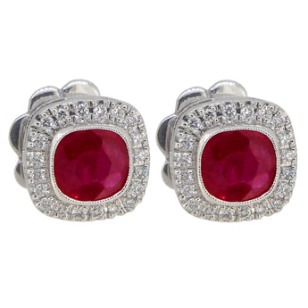 A pair of modern, 18ct white gold, ruby & diamond set, cushion shaped cluster stud earrings