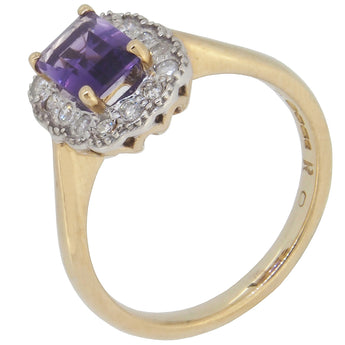 A modern, 9ct yellow gold, amethyst & diamond set cluster ring.