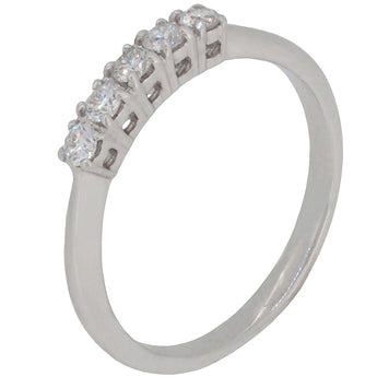 A modern, 18ct white gold, diamond set five stone ring