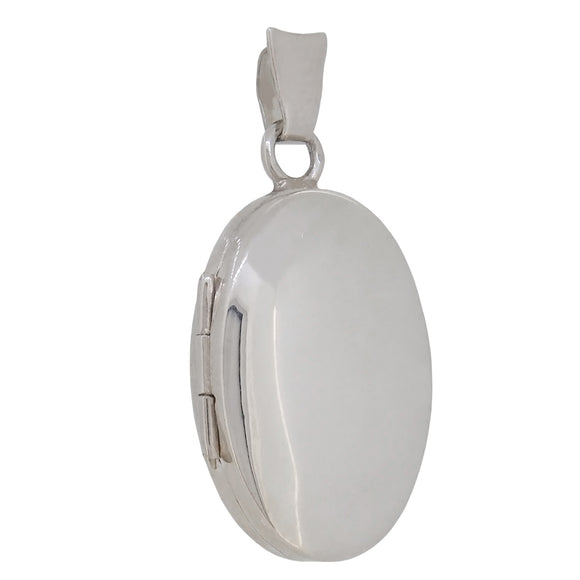 A modern, silver, plain, oval locket