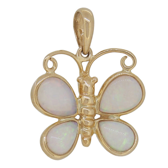 A modern, 9ct yellow gold, opal set, four stone butterfly pendant
