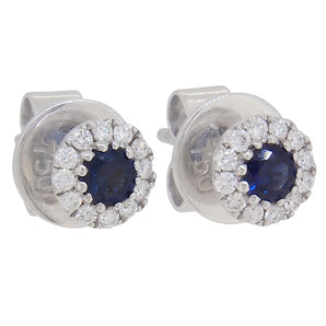 A pair of modern, 18ct white gold, sapphire & diamond set cluster stud earrings.