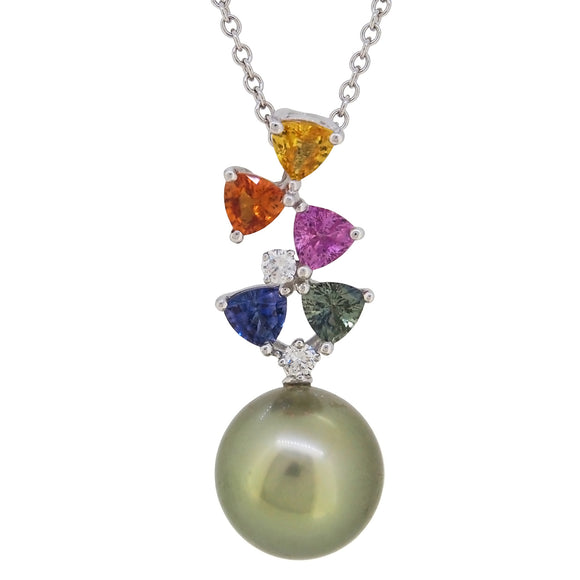 A modern, 18ct white gold, Tahitian pearl & multi coloured sapphire set pendant & chain