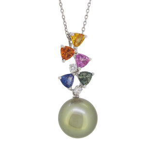 A modern, 18ct white gold, Tahitian pearl & multi coloured sapphire set pendant & chain.