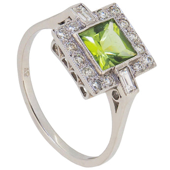 A modern, platinum, peridot & diamond set, square, Art Deco style cluster ring.
