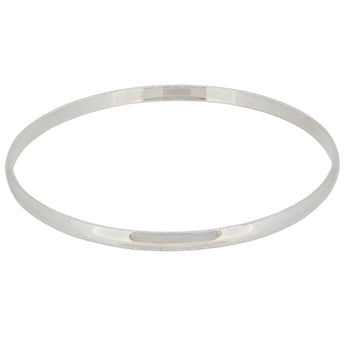 A modern, silver, plain, D shaped bangle.