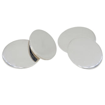 A pair of modern, silver, plain, oval, chain link cufflinks.