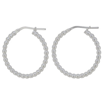 A pair of modern, silver, bead hoop earrings.