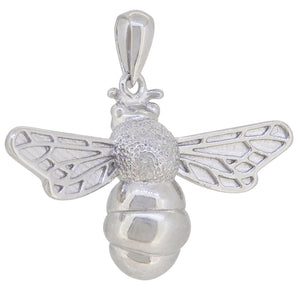 A modern, silver, bee pendant.