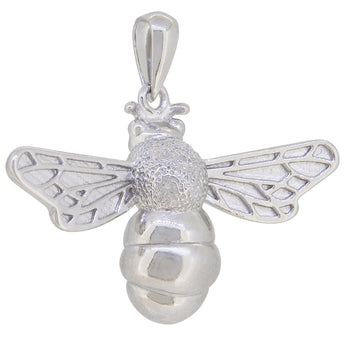 A modern, silver, bee pendant.
