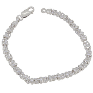 A modern, silver, circular & knot link bracelet.