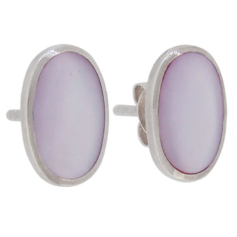 A pair of modern, silver, mother of pearl set stud earrings.