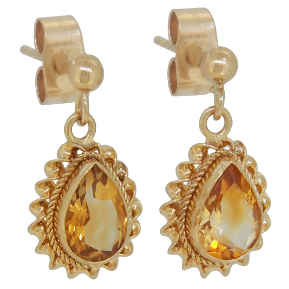 A pair of modern, 9ct yellow gold, citrine set drop earrings with a cord border