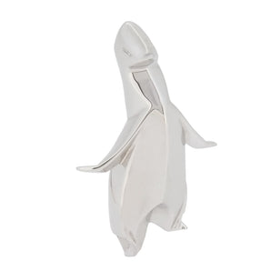 A modern, silver, origami style model of a penguin.