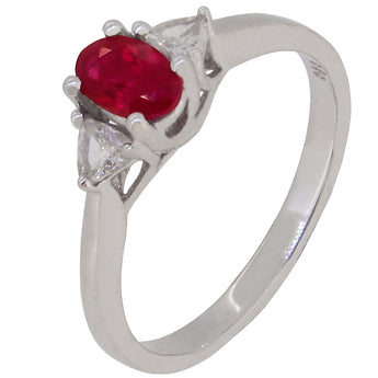 An 18ct white gold, ruby & diamond set, three stone ring