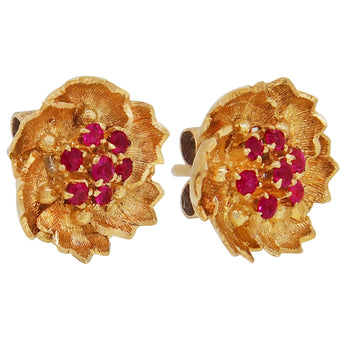 A pair of mid-20th century, 18ct yellow gold, ruby set, floral, cluster stud earrings
