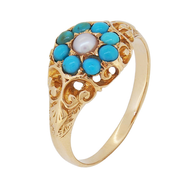 A modern, 9ct yellow gold, turquoise & pearl set cluster ring