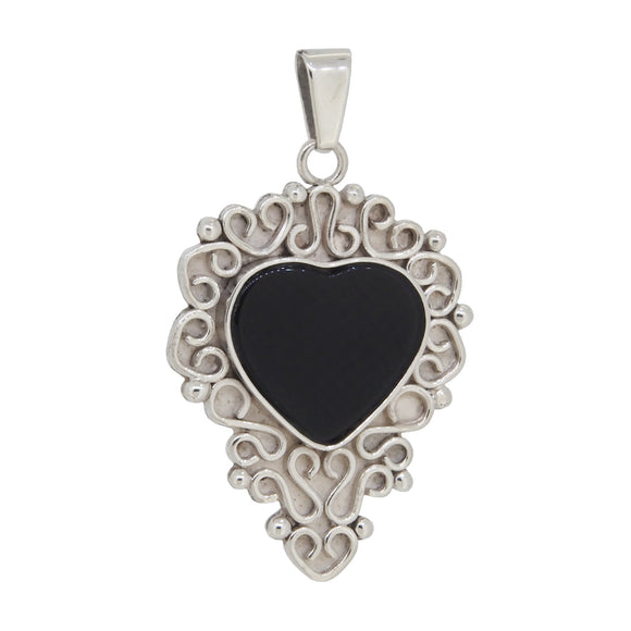 A modern, silver, black onyx set, heart shaped pendant