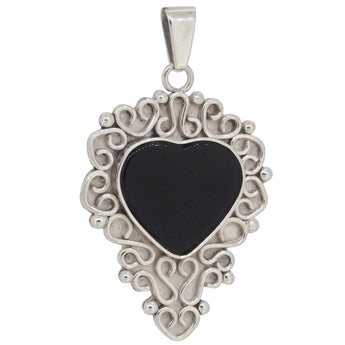 A modern, silver, black onyx set, heart shaped pendant