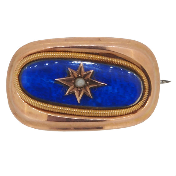 A Georgian, yellow gold, pearl & blue enamel set brooch