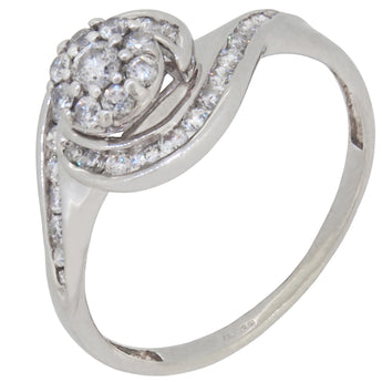 A modern, 9ct white gold, diamond set cluster crossover ring.