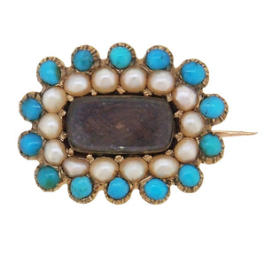 A Georgian, yellow gold, turquoise & pearl set Mourning brooch.