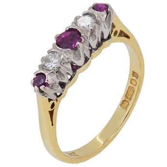 A modern, 18ct yellow gold, ruby & diamond set, five stone ring.
