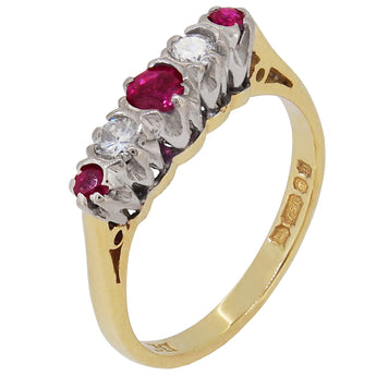 A modern, 18ct yellow gold, ruby & diamond set, five stone ring.