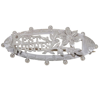 A Victorian, silver, brooch featuring the words 'Best Wishes' & a flower