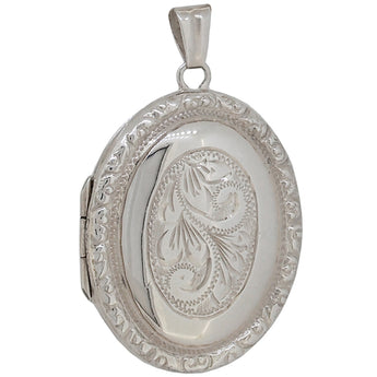 A modern, silver, fully engraved oval locket.