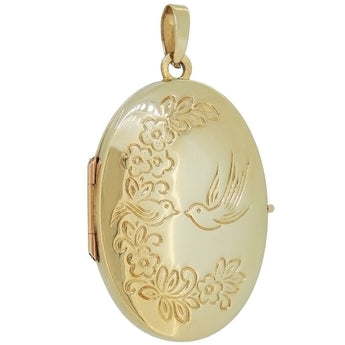 A modern, 9ct yellow gold, oval locket, engraved with a bird & flowers.