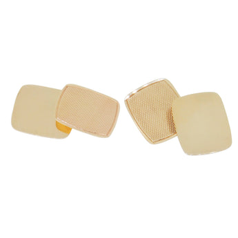 A pair of modern, 9ct yellow gold, cushion shape, chain link cufflinks with engine turned decoration