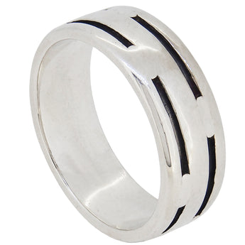 A modern, silver, grooved band ring.