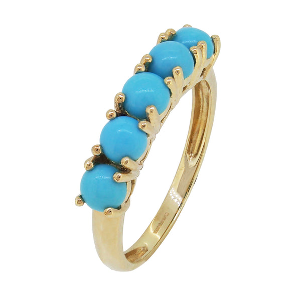 A modern, 9ct yellow, turquoise set, five stone ring