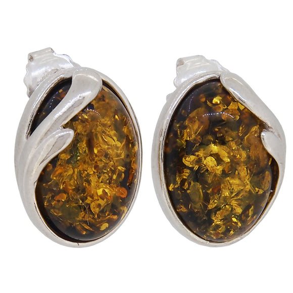 A pair of modern, silver, green amber set, oval earrings