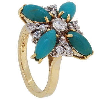 A modern, 18ct yellow gold, turquoise & diamond set cluster ring.