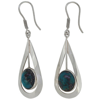 A pair of modern, silver, turquoise matrix set drop earrings