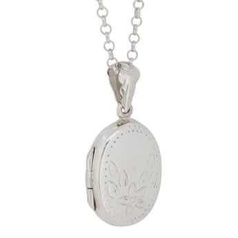 A modern, silver, engraved, oval locket & chain