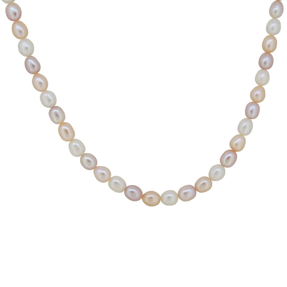 A modern, single row of cultured freshwater pearls on a silver trigger