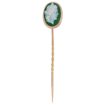An early 20th century, yellow gold, green & white sardonyx cameo set stick pin.